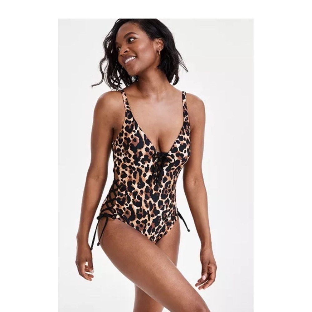 Bar III Womens Lace-Up Cheetah Print One-Piece Swimsuit L Black/Multi - NWT $94